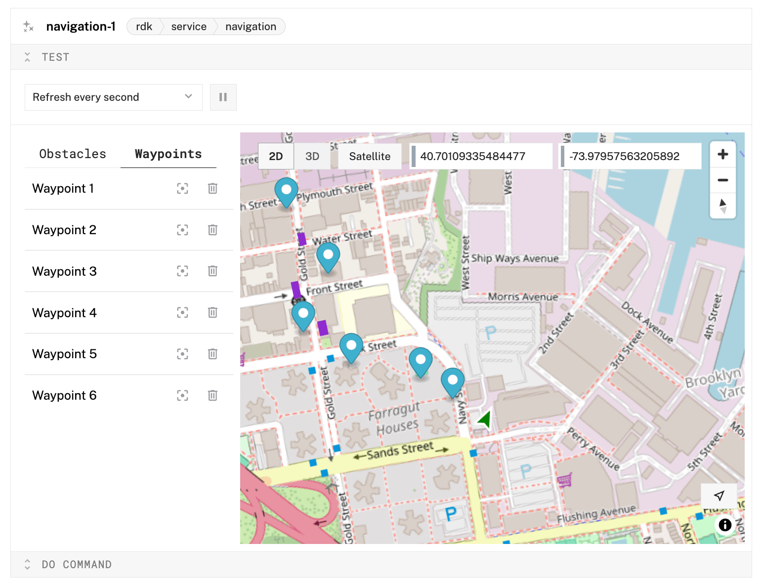 An example control interface for a navigation service in the  Control Tab.