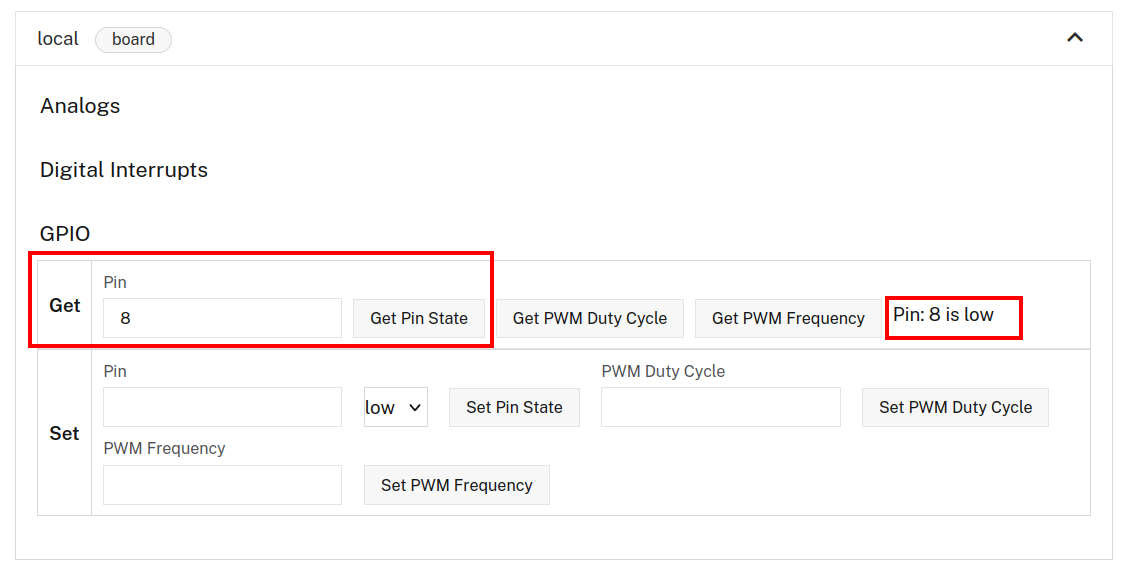 Control tab showing the board control panel. The &lsquo;Board Local&rsquo; row is expanded, and under the &lsquo;Get&rsquo; row, the pin is set to &lsquo;8.&rsquo; A red box is around the &lsquo;Get Pin State&rsquo; button and the output, which reads, &lsquo;Pin: 8 is low.&rsquo;